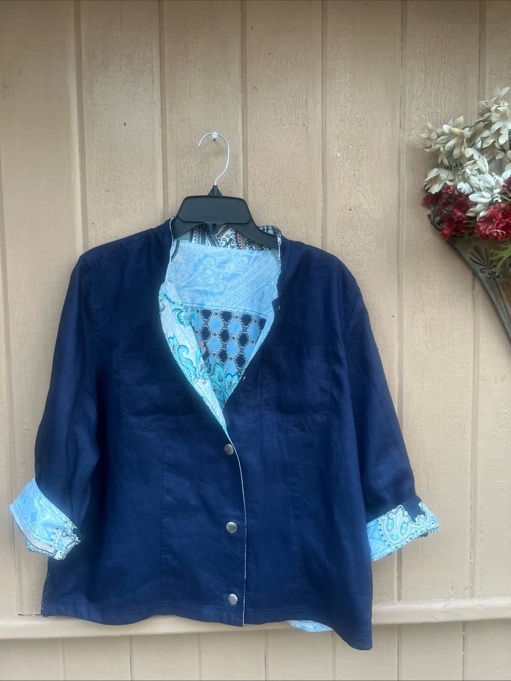 Chicos 100% Linen Patchwork Mixed Paisley Print Jacket Size 2, L/XL Artsy Boho - Picture 4 of 11